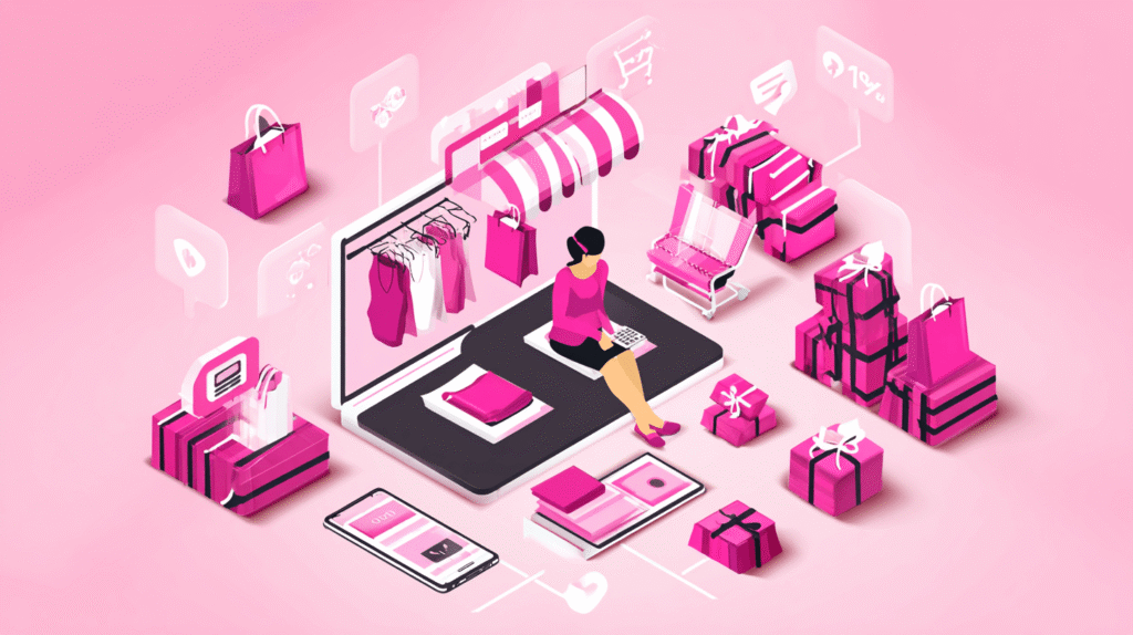 E-commerce optimization concept: an isometric online store with a shopper, products, bags and analytics icons