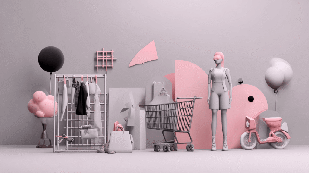 Ecommerce personalization platform scene with a clothing rack, cart, bags and a shopper figure in soft pink