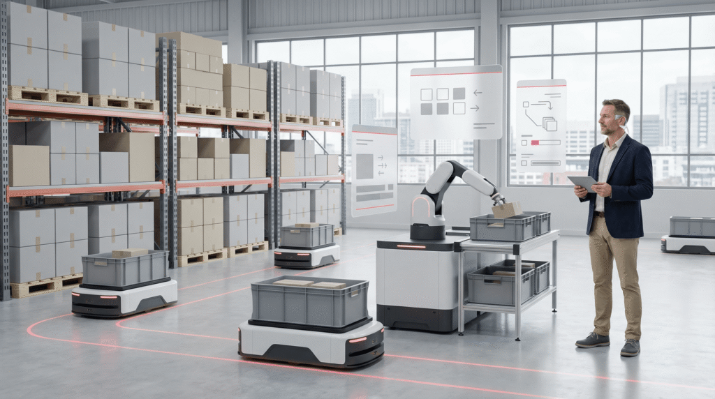 Storeroom industrial robotics in Oakland: autonomous mobile robots carrying bins between racks in a warehouse