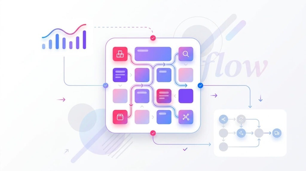 Inventory app dashboard tile connecting product categories, sales trends and stock workflows