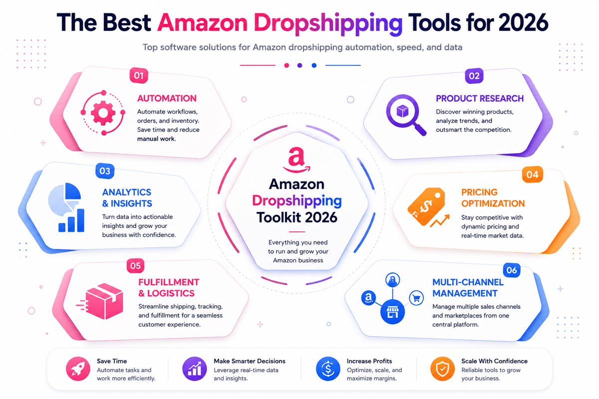 Best Amazon dropshipping tools for 2026 by category: automation, analytics, fulfillment, research, pricing, multichannel