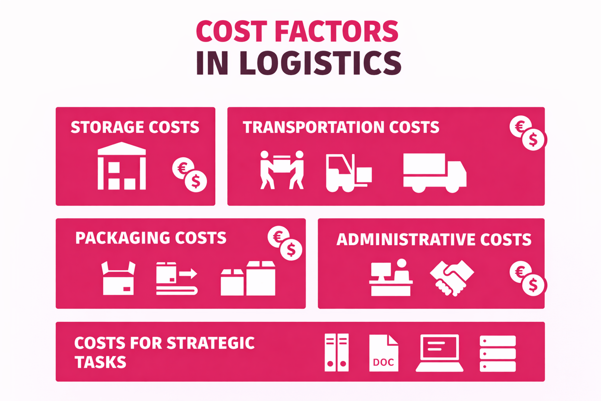 Cost factors in logistics: storage, transportation, packaging, administrative and strategic task costs