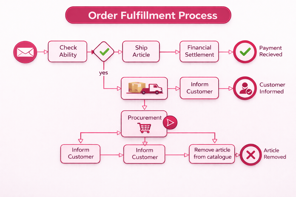 Fulfillment business process flow: check availability, ship, settle payment, procure and inform the customer