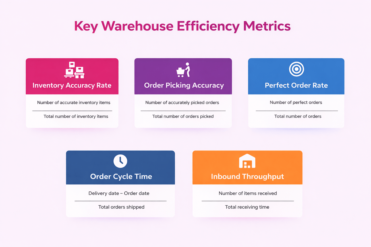 Key warehouse efficiency metrics: inventory accuracy, picking accuracy, perfect order rate, cycle time, throughput
