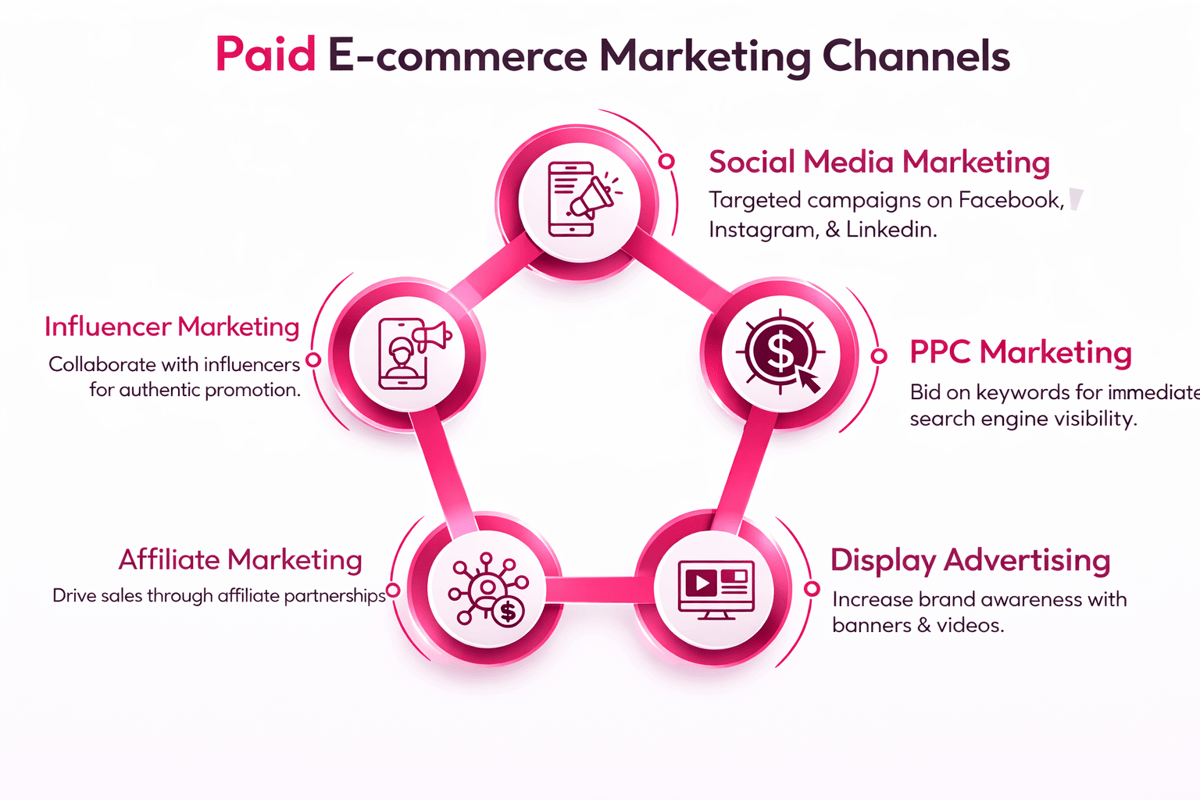 Paid e-commerce marketing channels: social media, PPC, display advertising, affiliate and influencer marketing