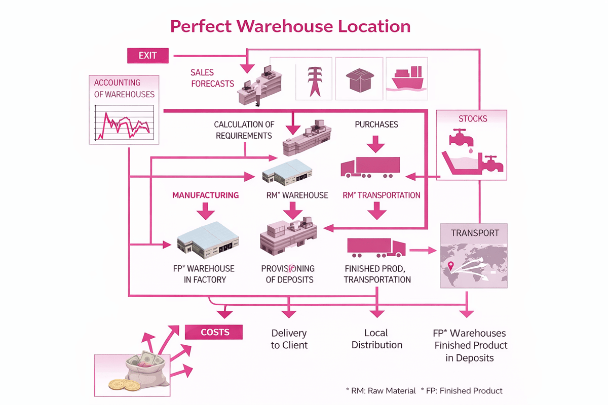 Perfect warehouse location diagram linking sales forecasts, raw material purchases, factory stock and local distribution