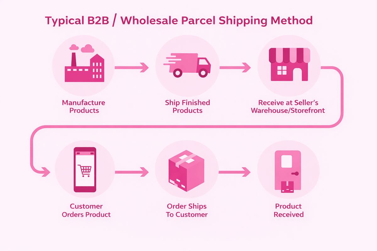 Typical B2B and wholesale parcel flow: manufacture, dispatch to the seller, customer order and final delivery