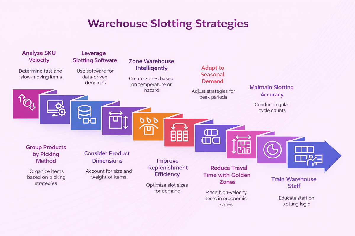 Warehouse slotting strategies: SKU velocity, slotting software, zones, seasonal demand and golden-zone placement