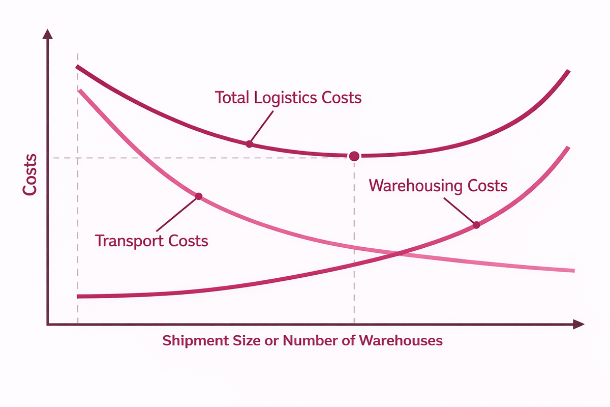 Warehousing and shipping cost trade-off: transport costs fall and warehousing costs rise as warehouses are added