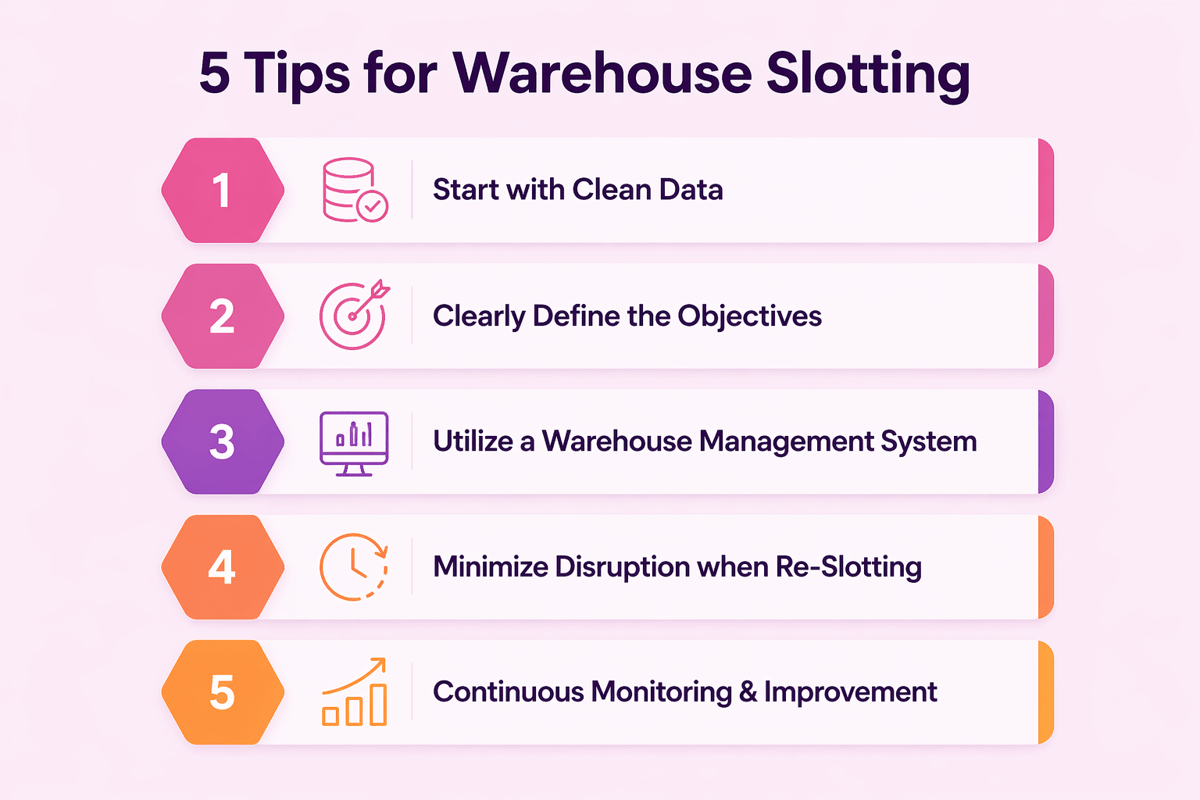 Five slotting tips: clean data, clear objectives, a WMS, minimal disruption when re-slotting and ongoing monitoring