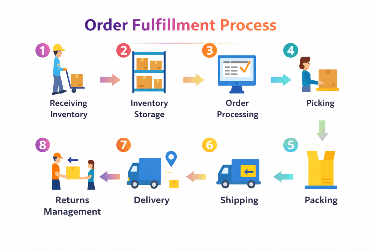 Order fulfillment process in 8 steps: receiving, storage, processing, picking, packing, shipping, delivery and returns