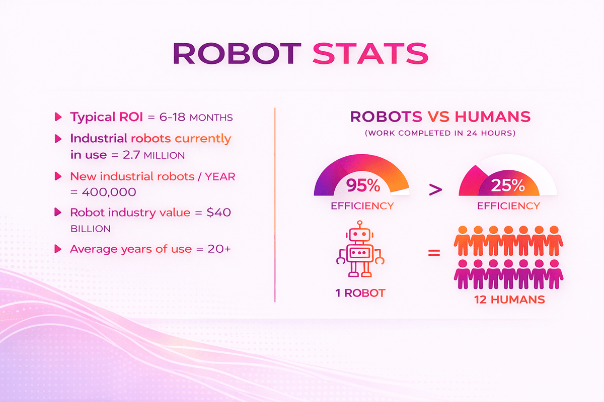 Robot stats: 6 to 18 month ROI, 2.7 million robots in use and one robot matching the output of 12 people