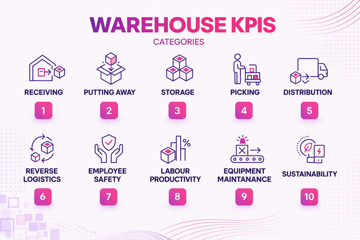 Warehouse KPIs by category: receiving, putaway, storage, picking, distribution, returns, safety, labor, equipment