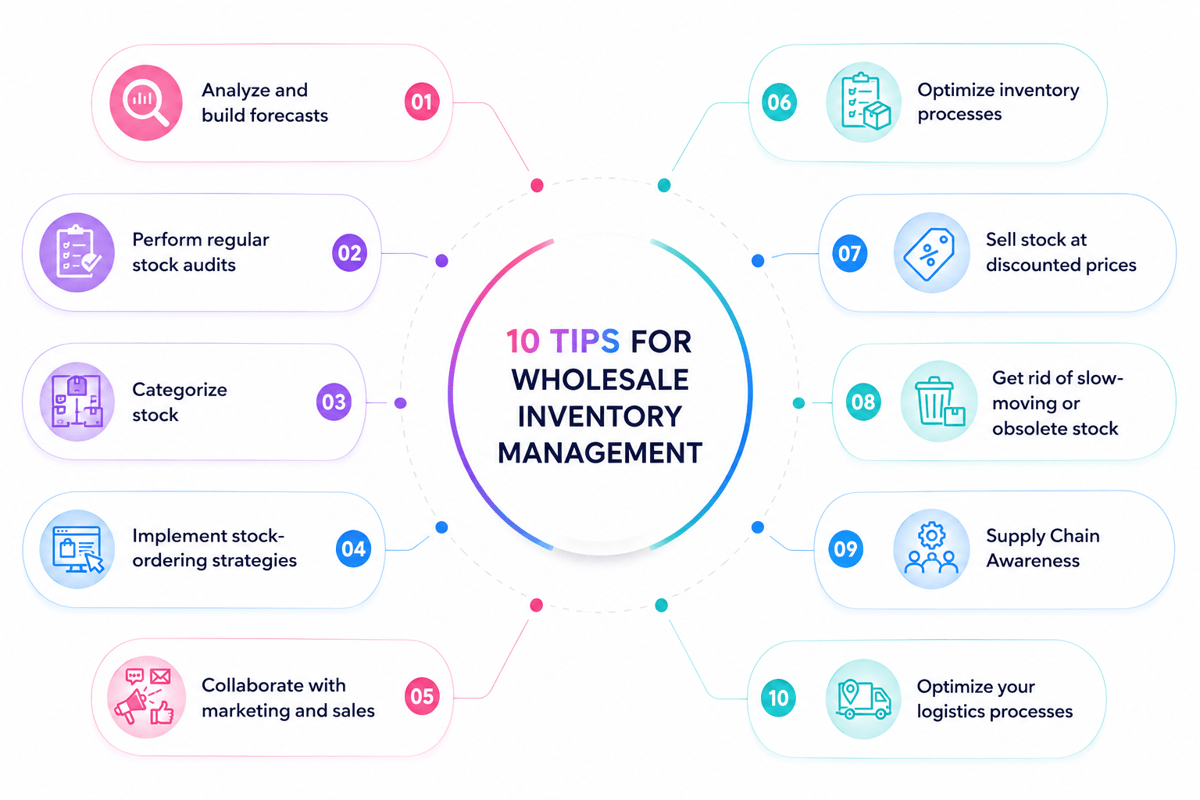 10 tips for wholesale stock control: forecasts, audits, categories, reordering, slow-moving stock and logistics