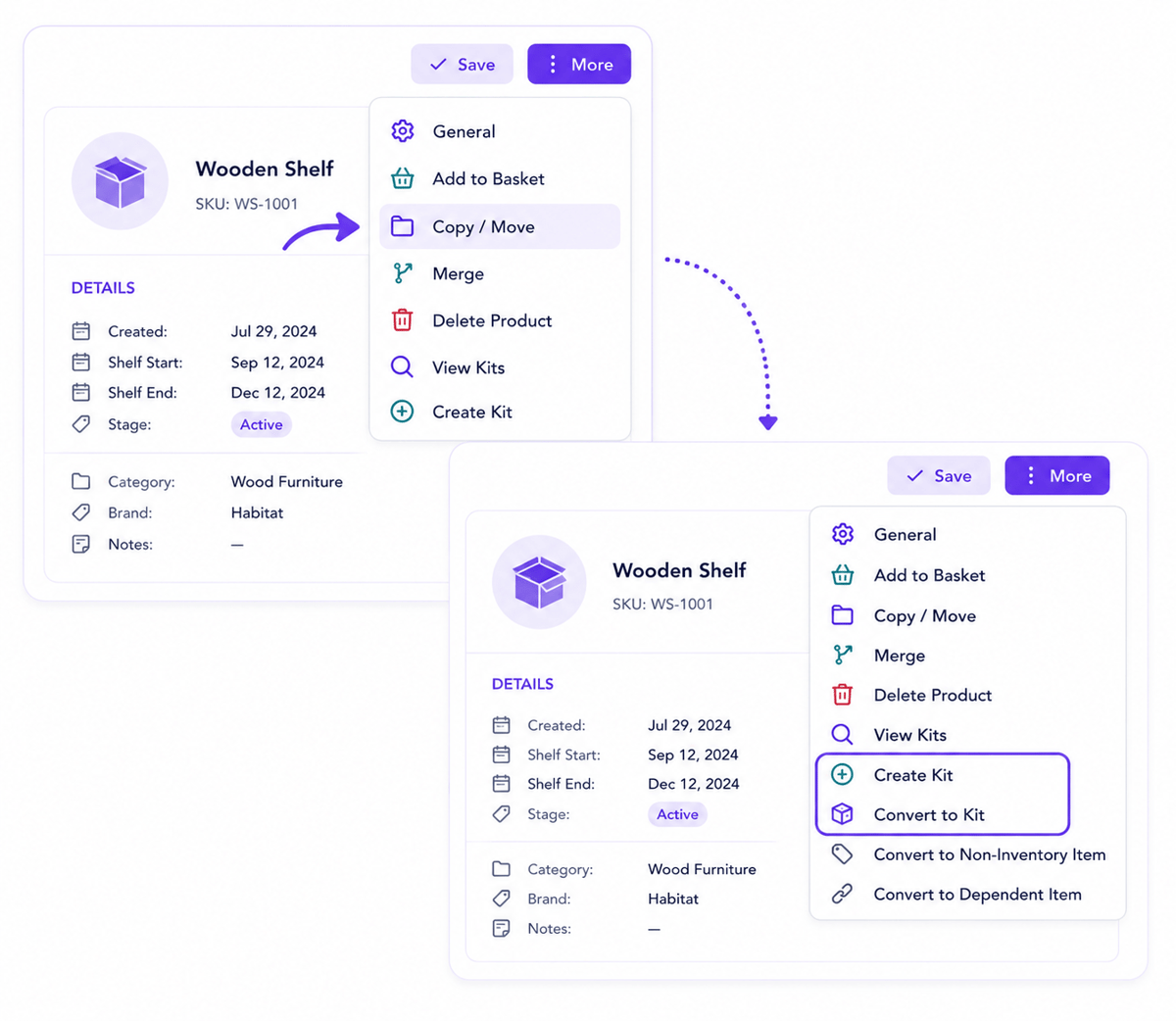 Product record actions for a wooden shelf: copy, merge, delete, create kits and convert item types