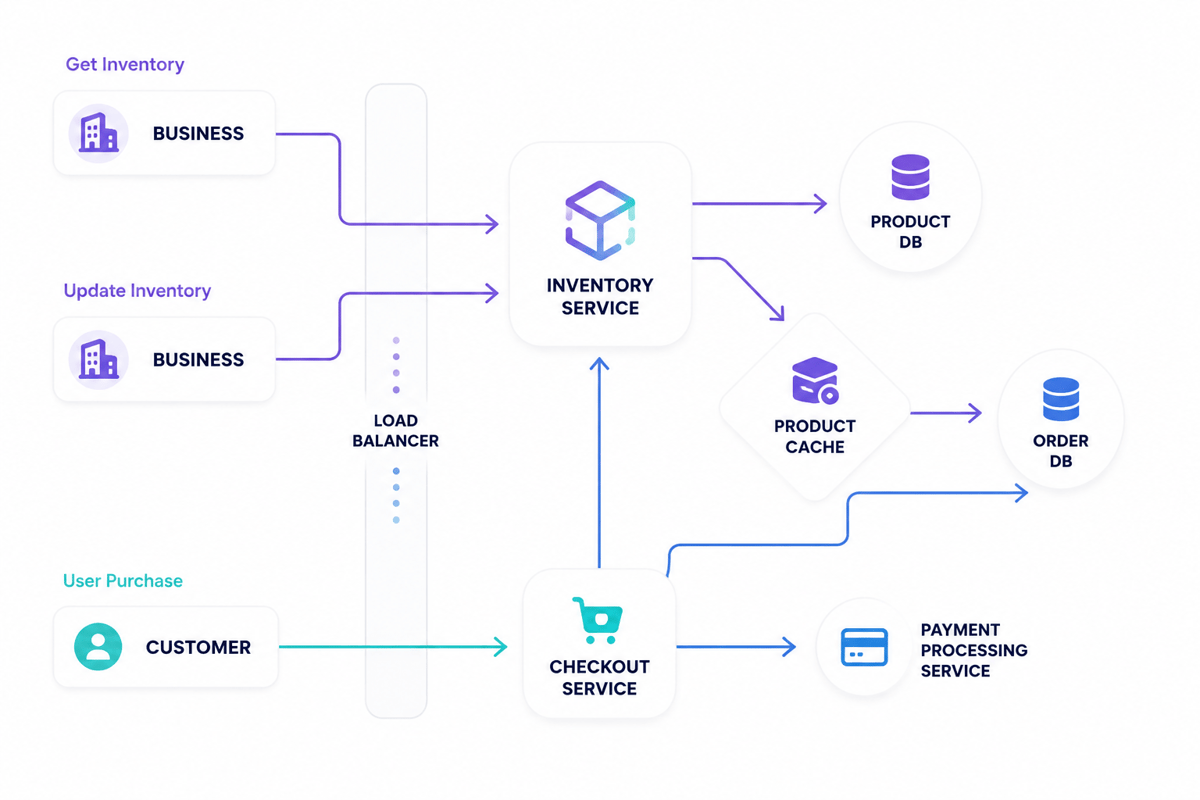 Microservice flow: requests pass a load balancer to stock, checkout and payment services with product and order databases