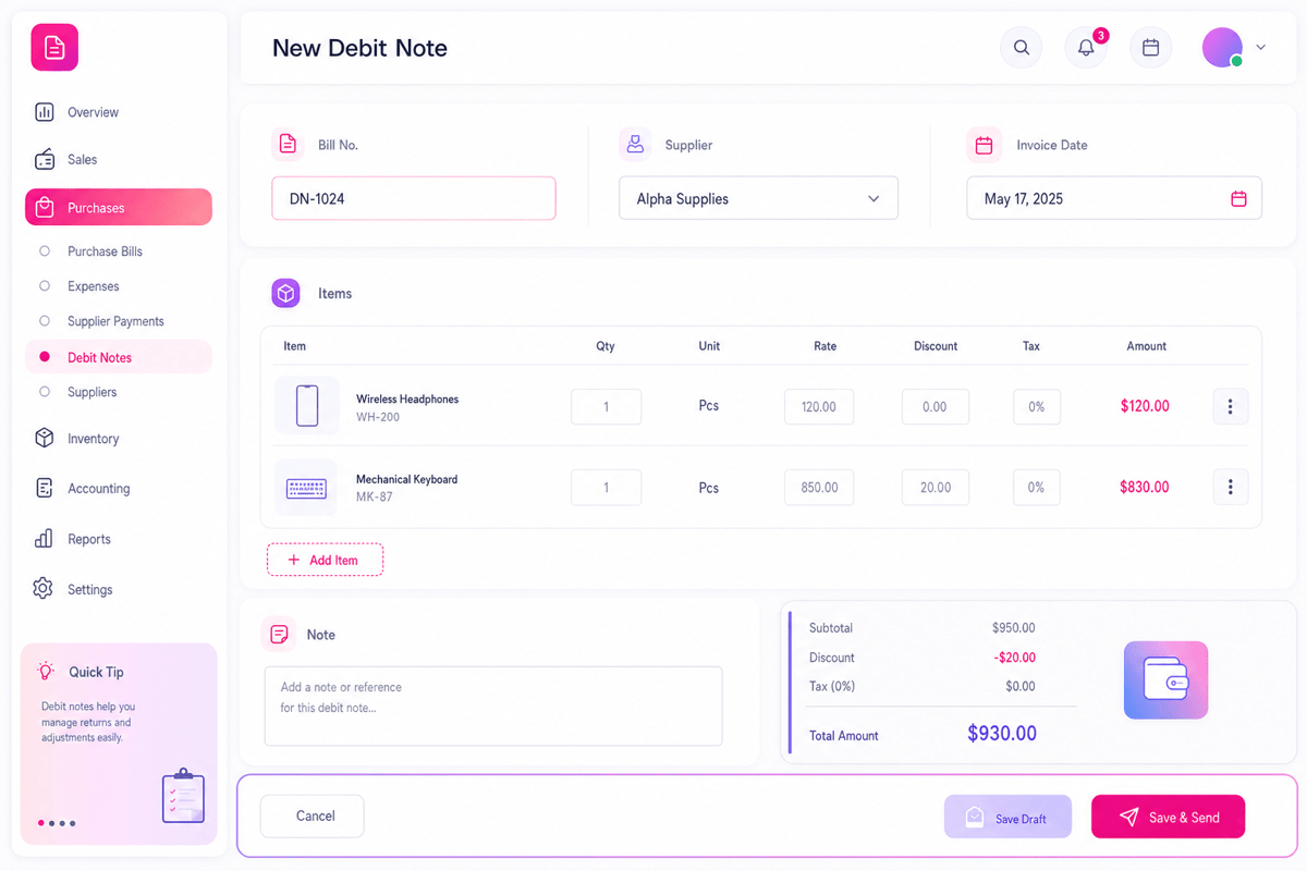 New debit note screen with supplier, dates, line items, totals and a send button