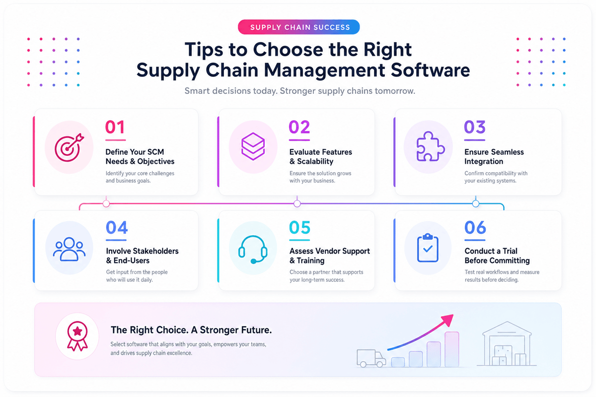 Tips to choose supply chain management tools: define needs, evaluate features, check integrations, train and trial