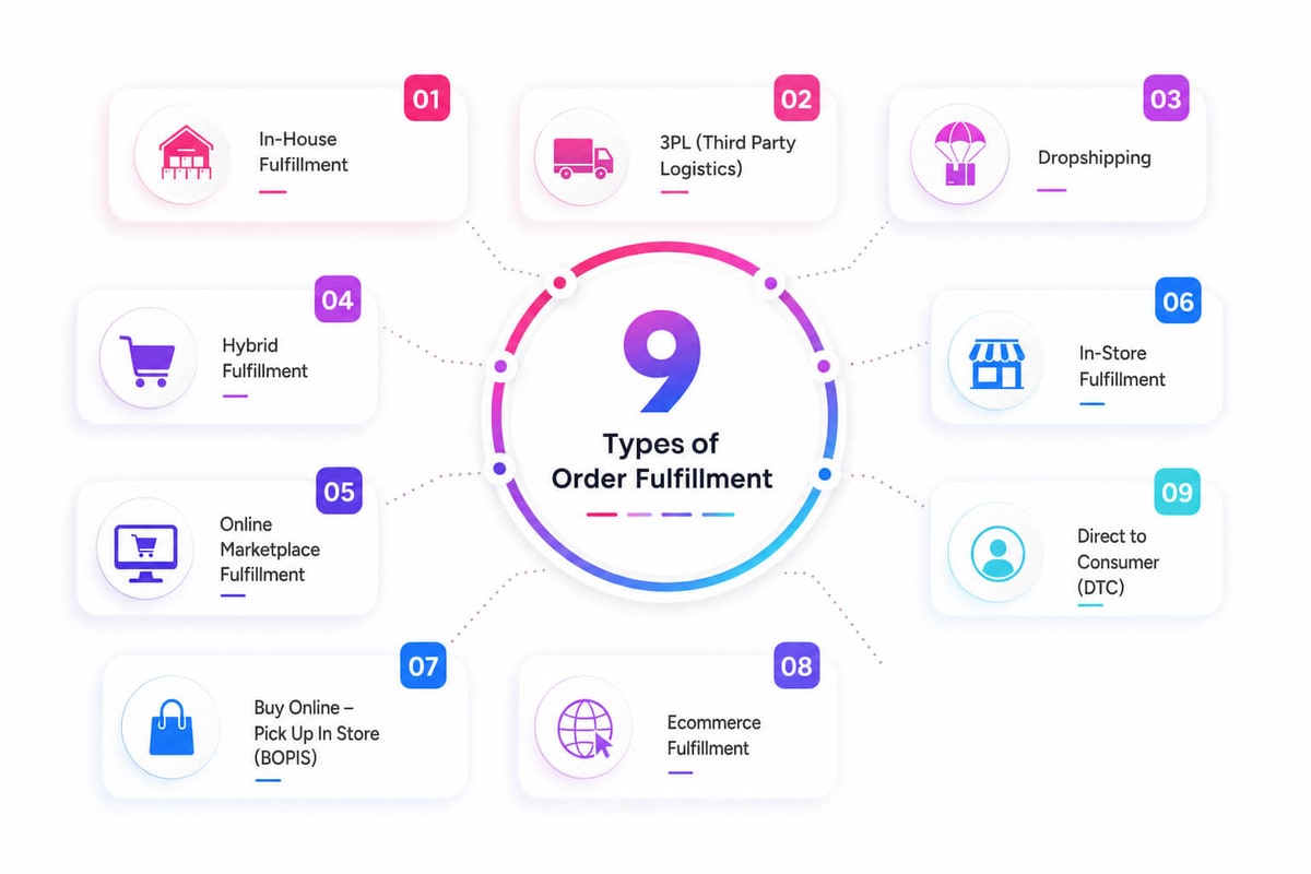 Nine types of order fulfillment: in-house, 3PL, dropshipping, hybrid, in-store, marketplace, BOPIS, DTC and ecommerce