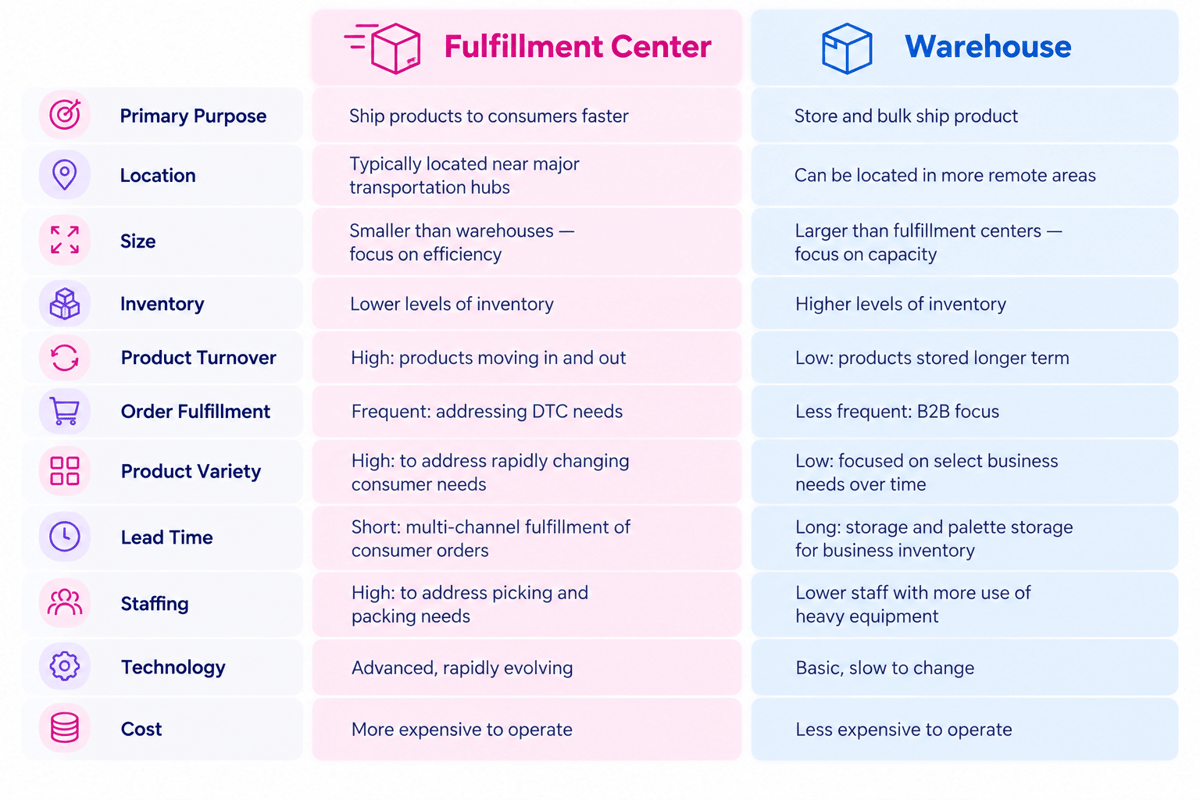 Fulfillment center vs warehouse comparison by purpose, location, size, turnover, lead time, staffing and cost