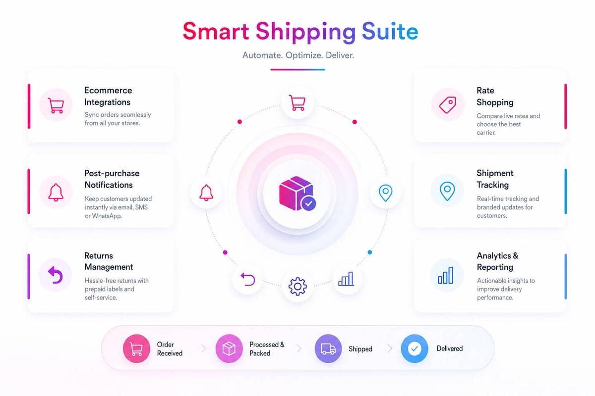 Smart shipping suite: store integrations, rate shopping, tracking, post-purchase notifications, returns and analytics