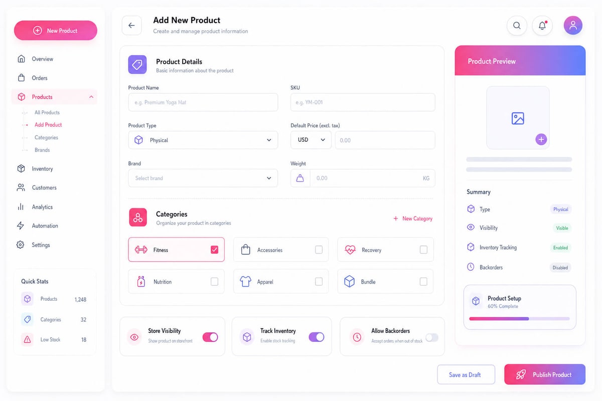 Add new product screen with product details, pricing, categories, visibility and inventory tracking settings