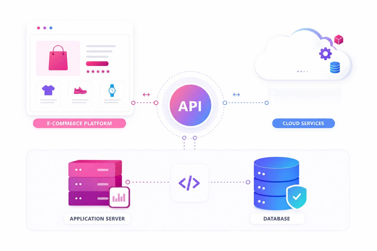 API connecting an online store platform with cloud services, an application server and a database
