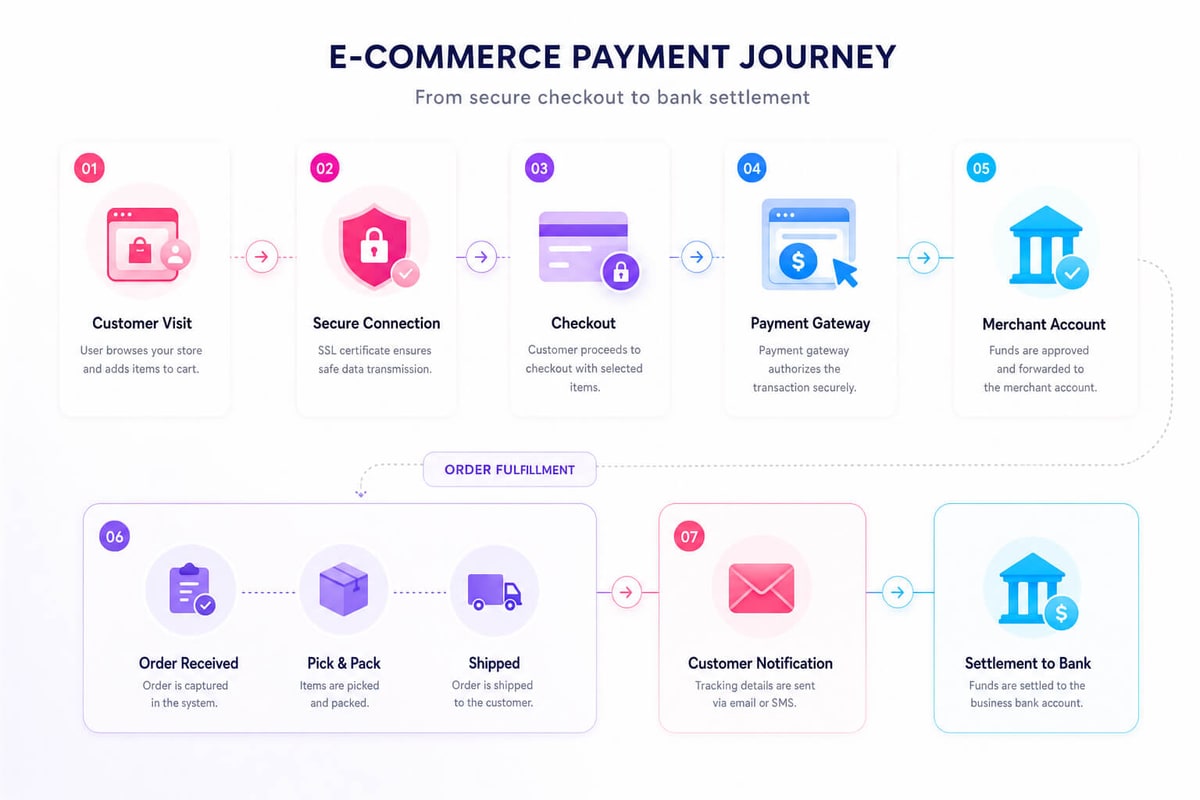 E-commerce payment journey from customer visit and secure checkout to payment gateway, fulfillment and settlement