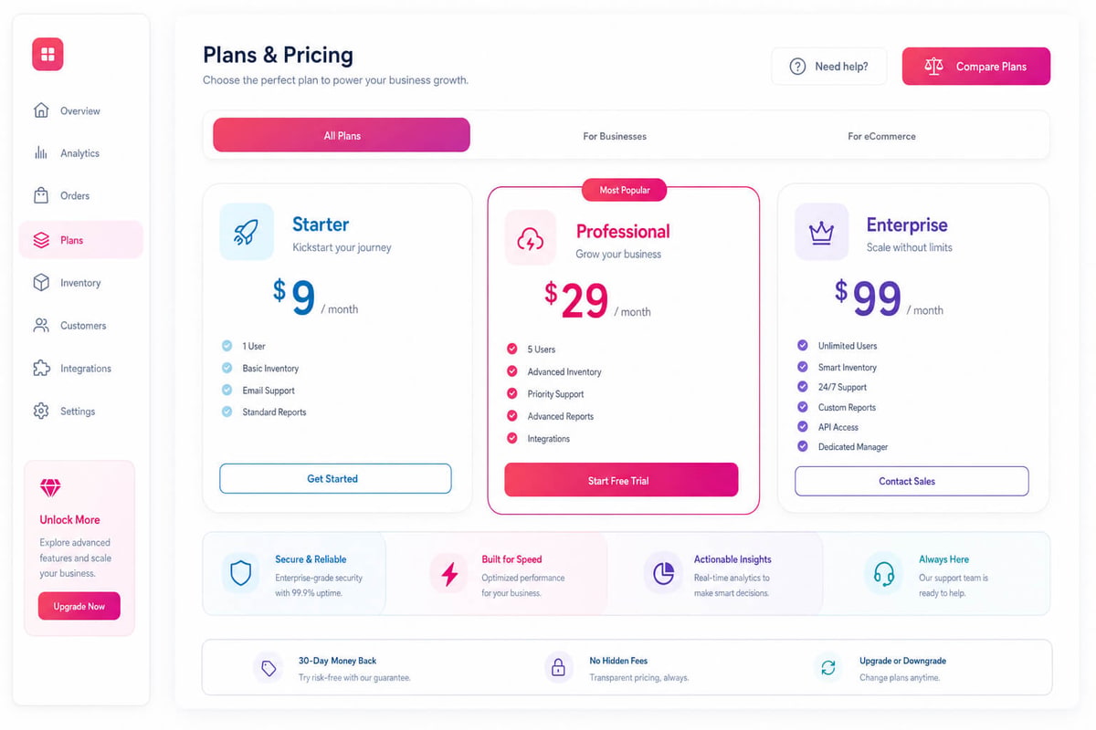 Plans and pricing page with Starter at $9, Professional at $29 and Enterprise at $99 per month