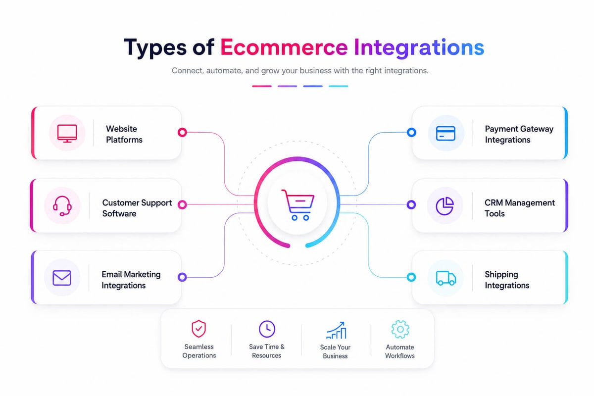 Types of store integrations: website platforms, payment gateways, customer support, CRM, email marketing and shipping