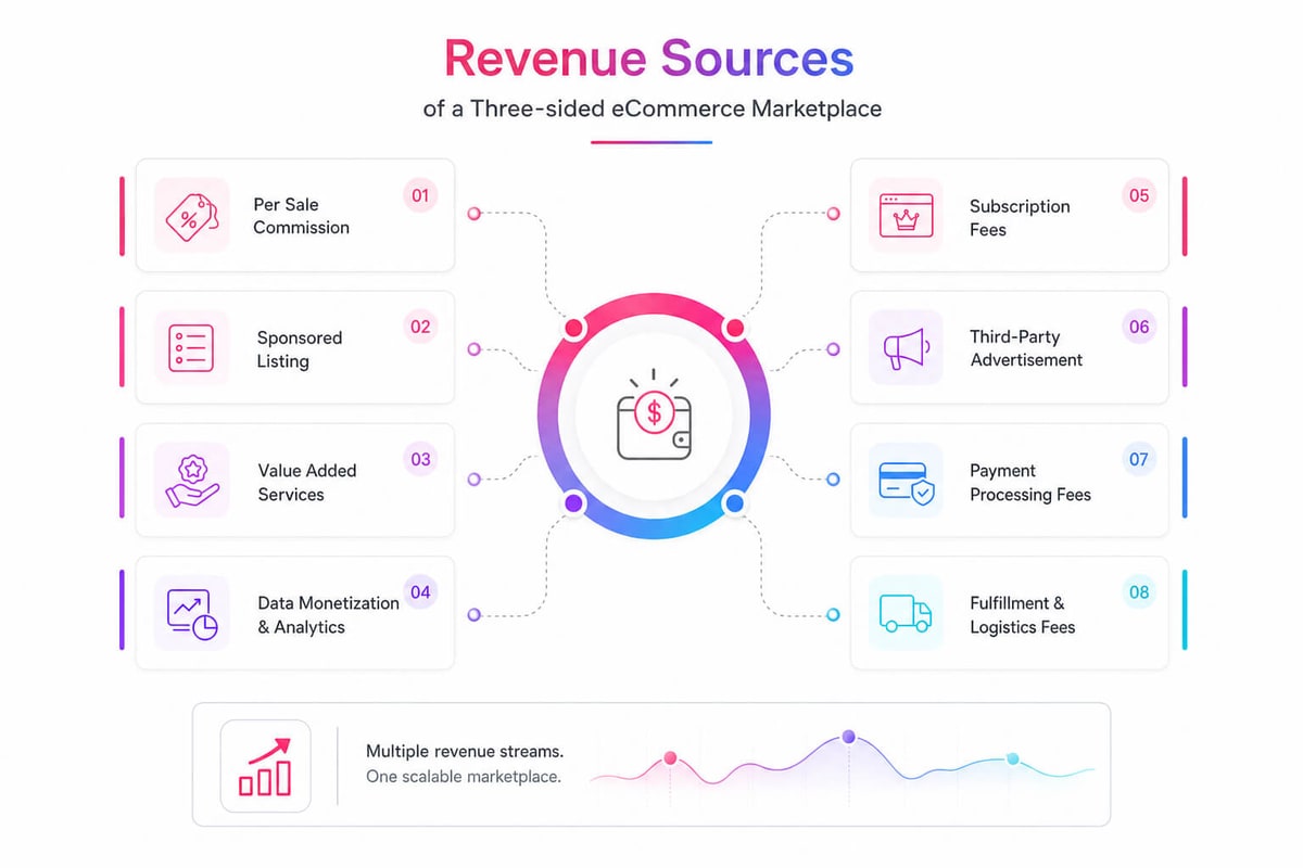 Eight revenue sources of an ecommerce marketplace, from per-sale commission to fulfillment and logistics fees