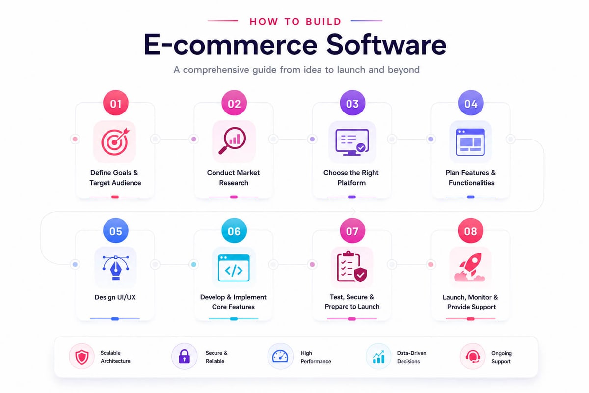 Eight-step roadmap for building a sales platform, from goals and research to UX design, development, testing and launch