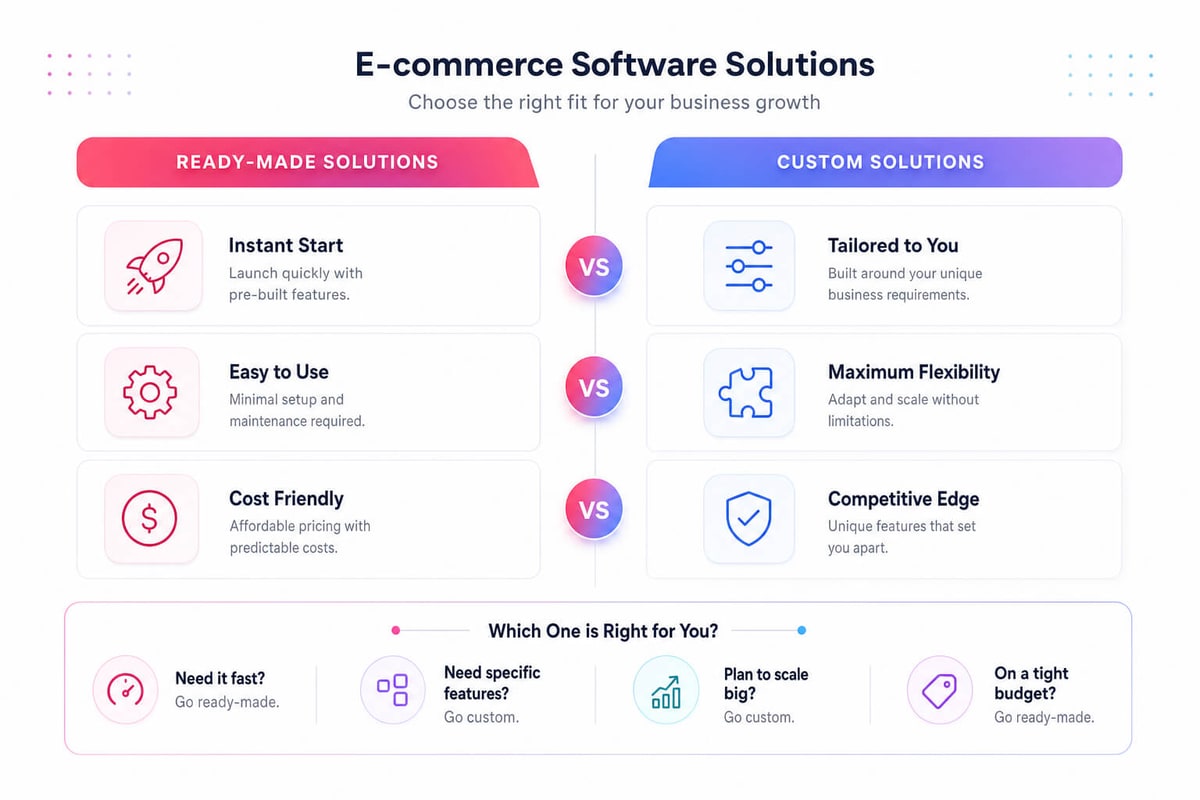 Ecommerce software solutions compared: ready-made vs custom options by launch speed, cost and flexibility