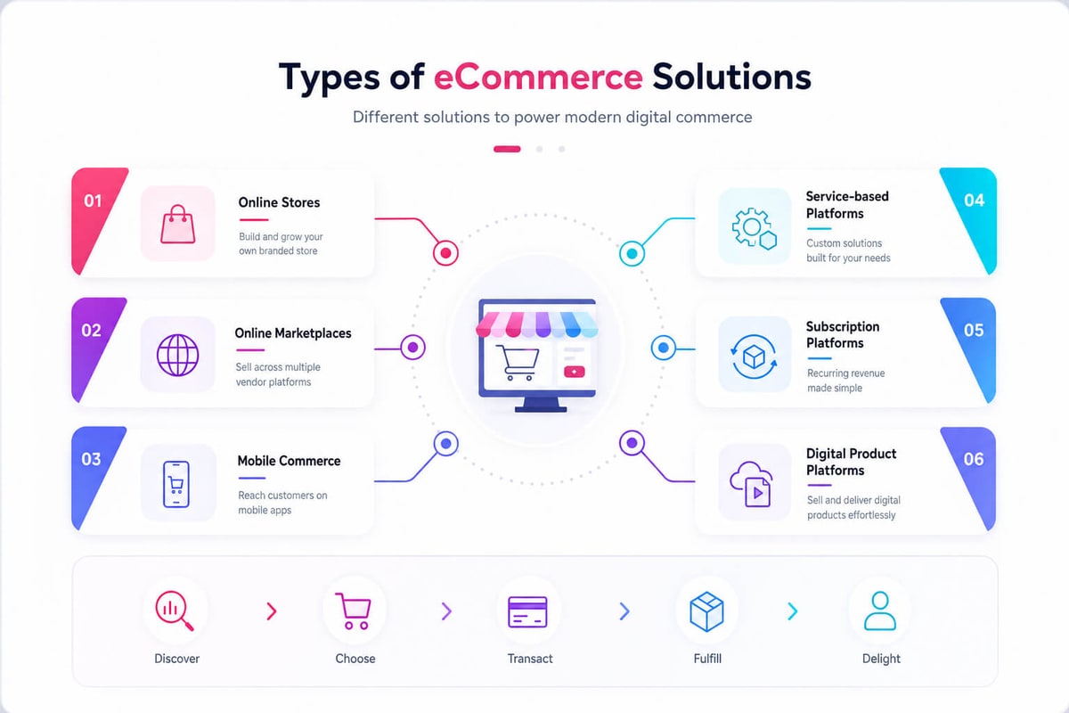 Types of ecommerce solutions: online stores, marketplaces, mobile commerce, subscription, service and digital products