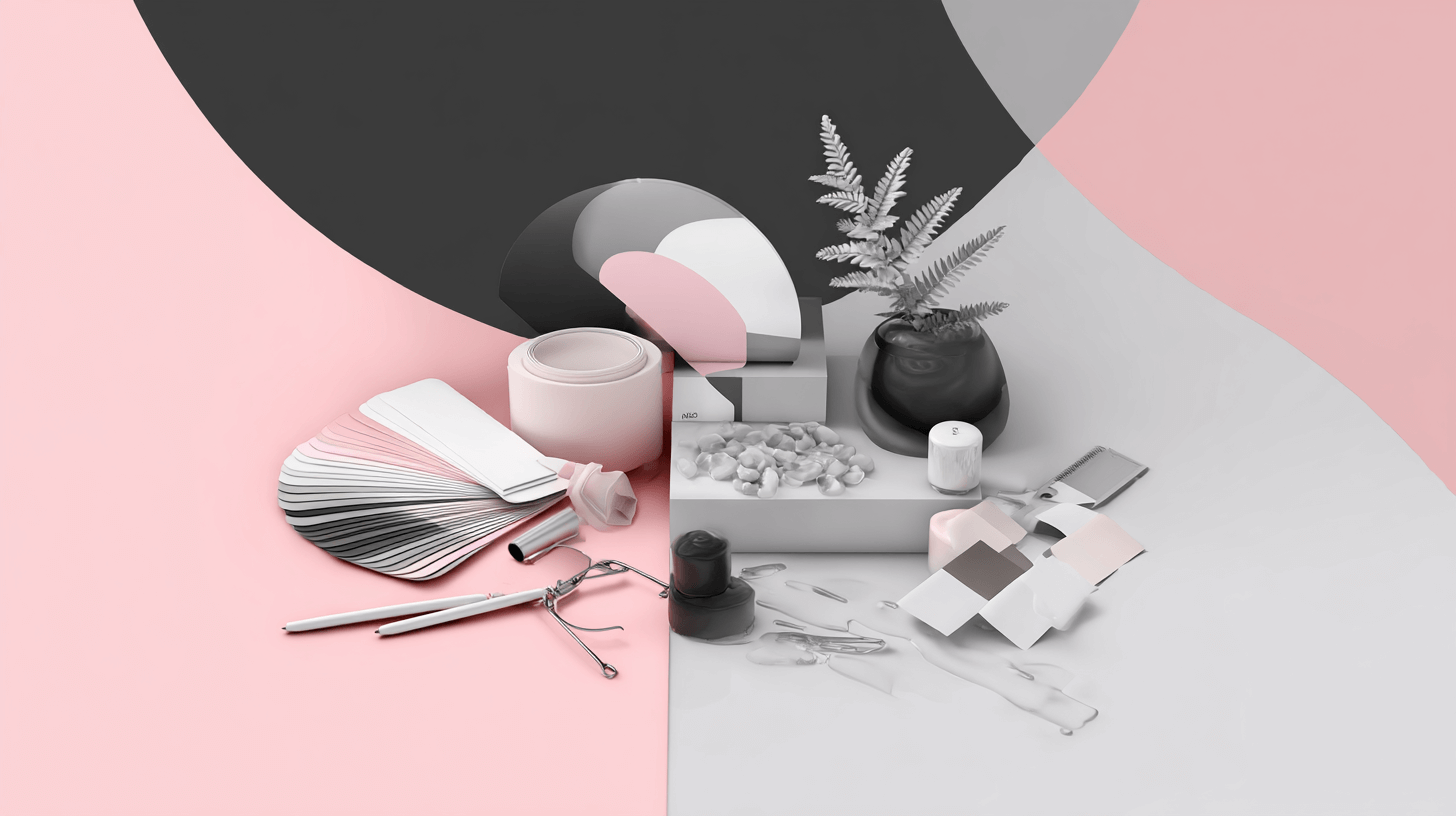 Profitable dropshipping niches concept: home decor, books and product samples arranged on pink and gray blocks