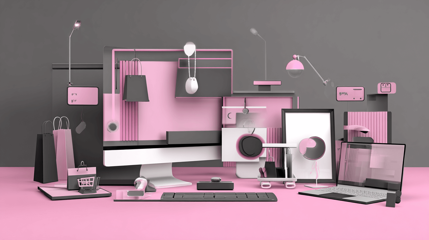 Choosing the right e-commerce platform: desktop, laptop and tablet storefront screens on a pink desk