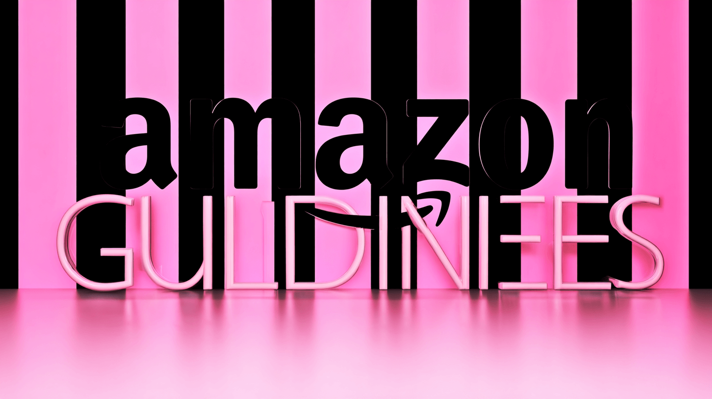Amazon product title guidelines shown as large Amazon and Guidelines lettering on pink and black stripes