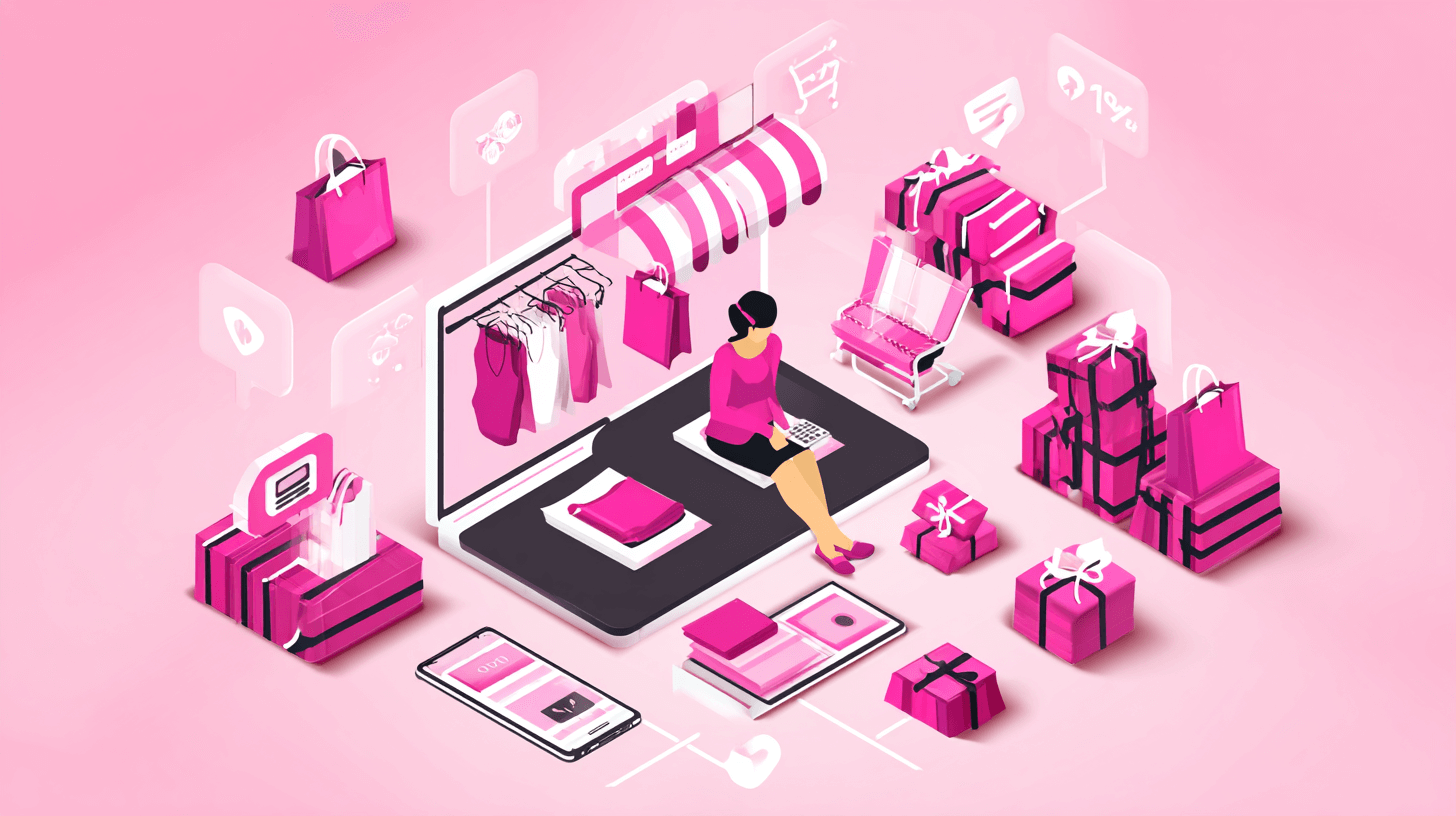 E-commerce optimization concept: an isometric online store with a shopper, products, bags and analytics icons