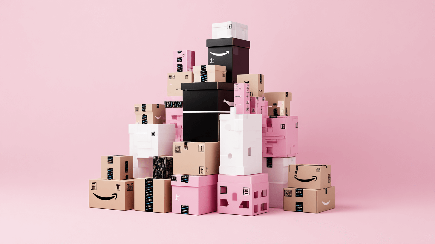 FBA grade and resell: a stack of Amazon return boxes and pink packages ready for grading and resale