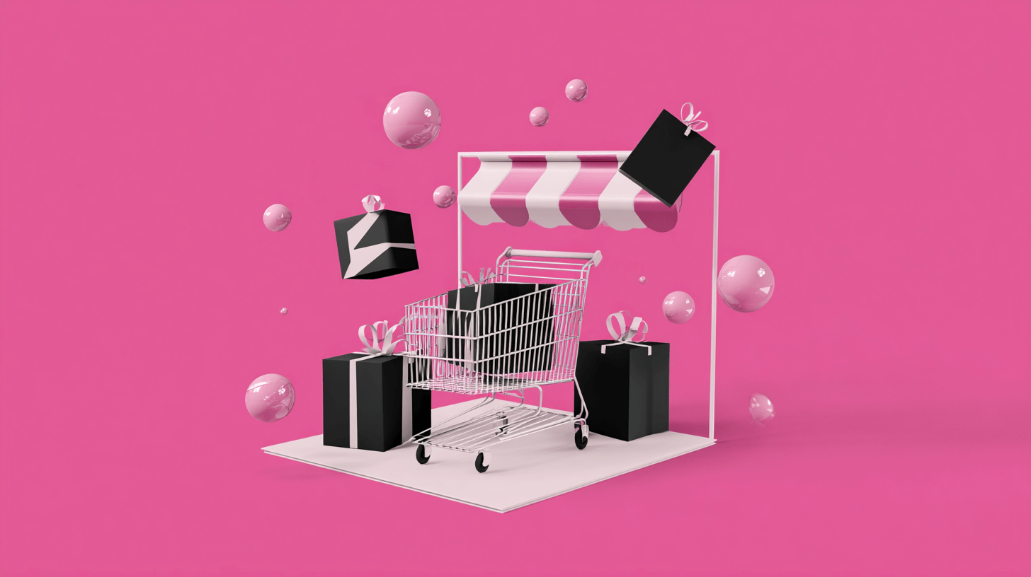 Increase e-commerce sales concept: a mini storefront with a cart, gift bags and balloons on a pink background