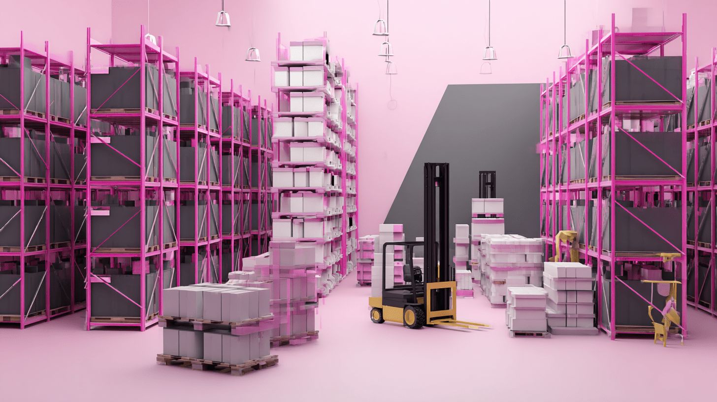 Inventory software for warehouse operations: pink-lit racks, pallets of boxes and a forklift in an aisle