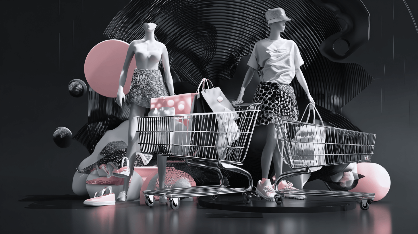 E-commerce strategies concept: two stylish shoppers with carts and bags in a dark pink-accented scene