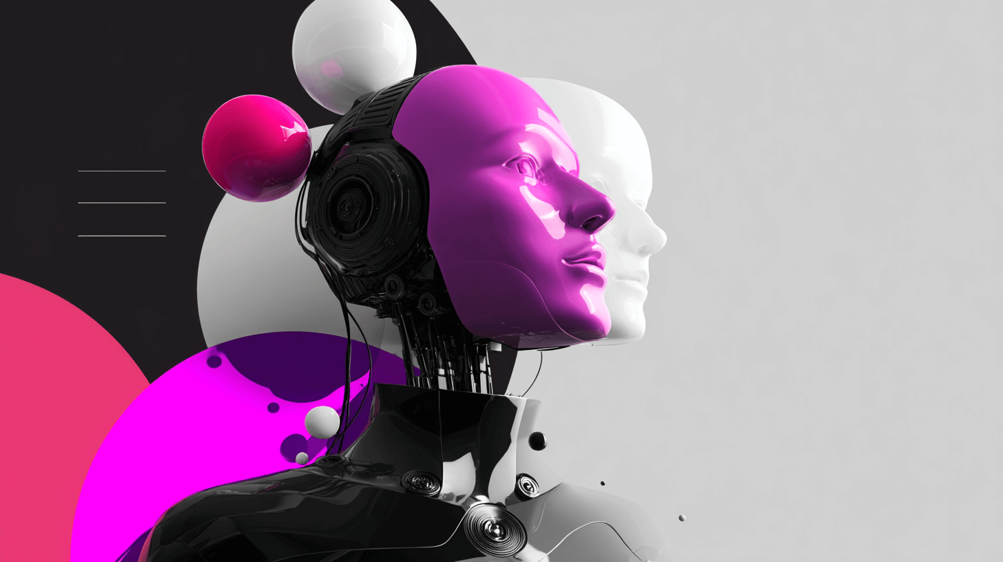 Artificial AI concept: a humanoid robot head in pink and black profile beside abstract spheres