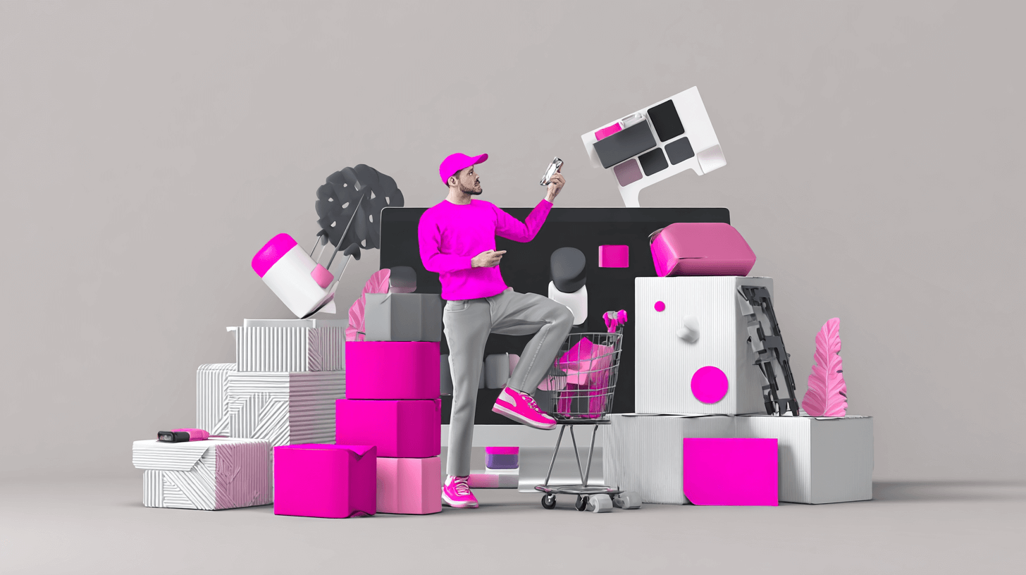 GTIN number concept: a seller checks products on a phone among stacked boxes and a shopping cart