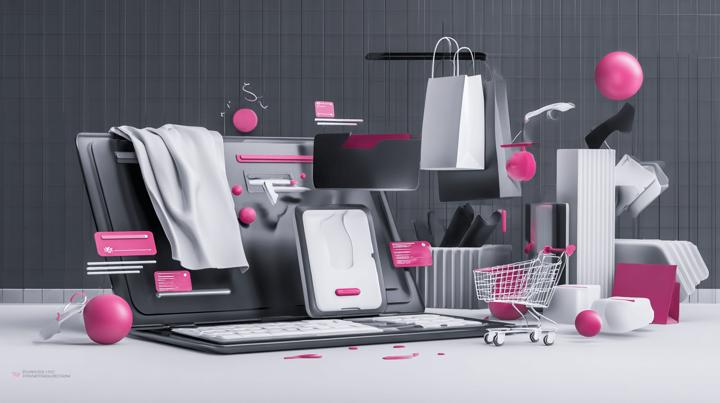 E-commerce tools concept: laptop, tablet, phone, cart and shopping bags in a gray and pink 3D scene