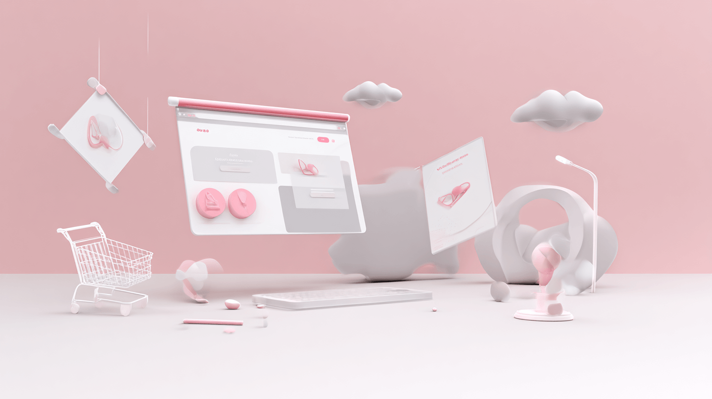 E-commerce website design concept: floating store pages, a cart and product cards in a soft pink 3D scene