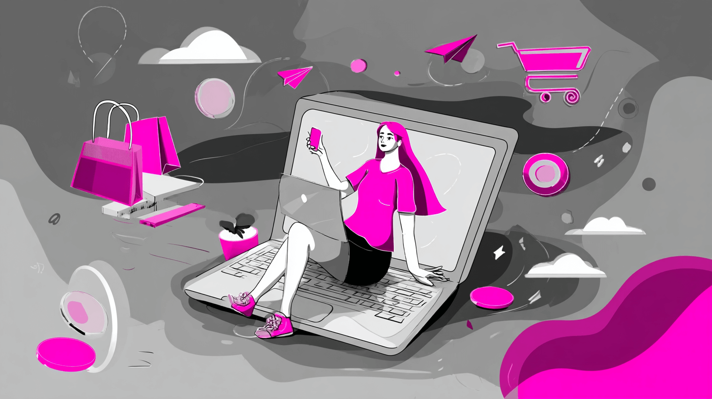 Electronic commerce illustrated by a woman with shopping bags sitting on a giant laptop with a cart and paper plane