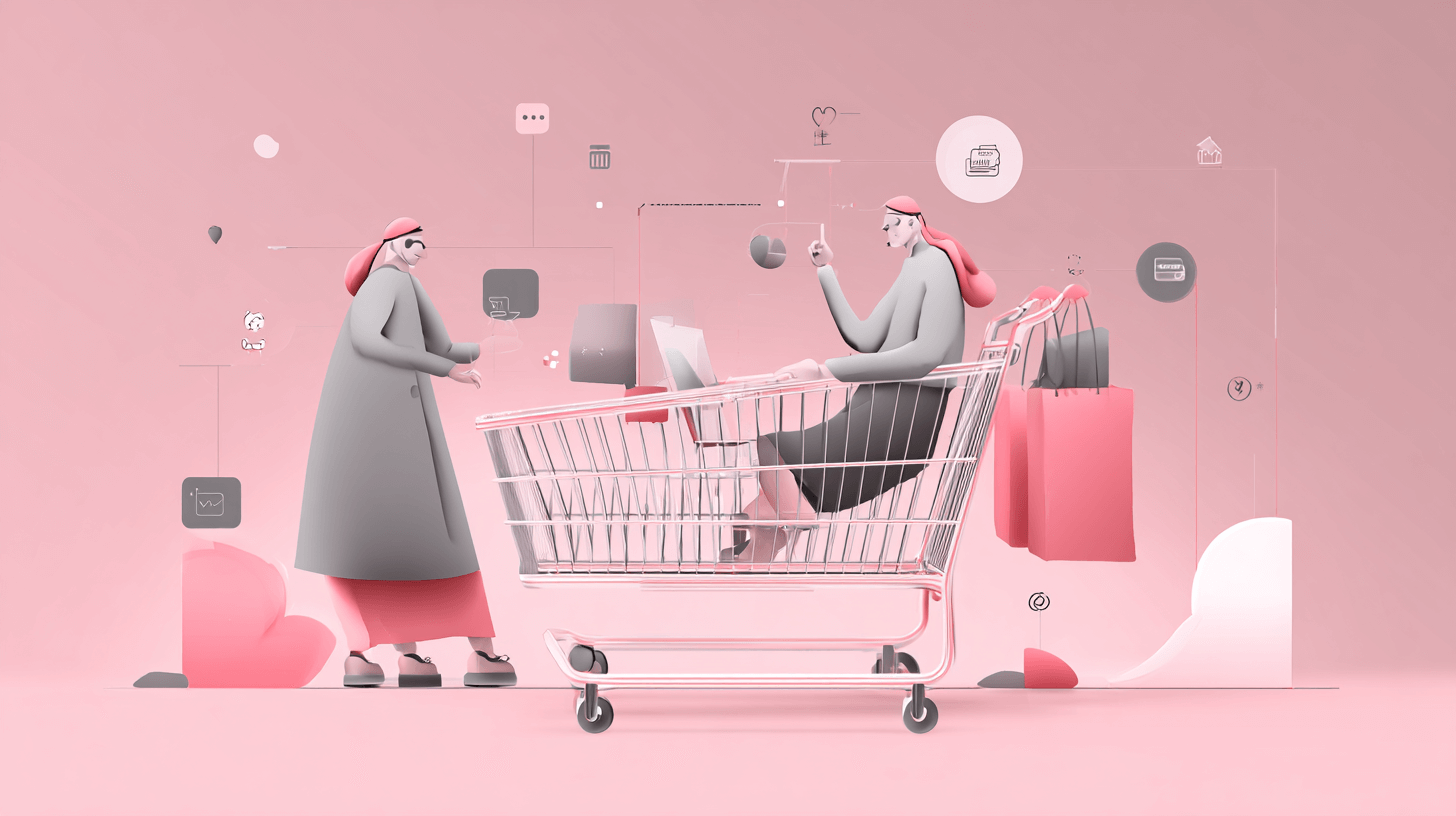 Reduce cart abandonment: two shoppers beside a full cart, one hesitating at checkout, on a pink background