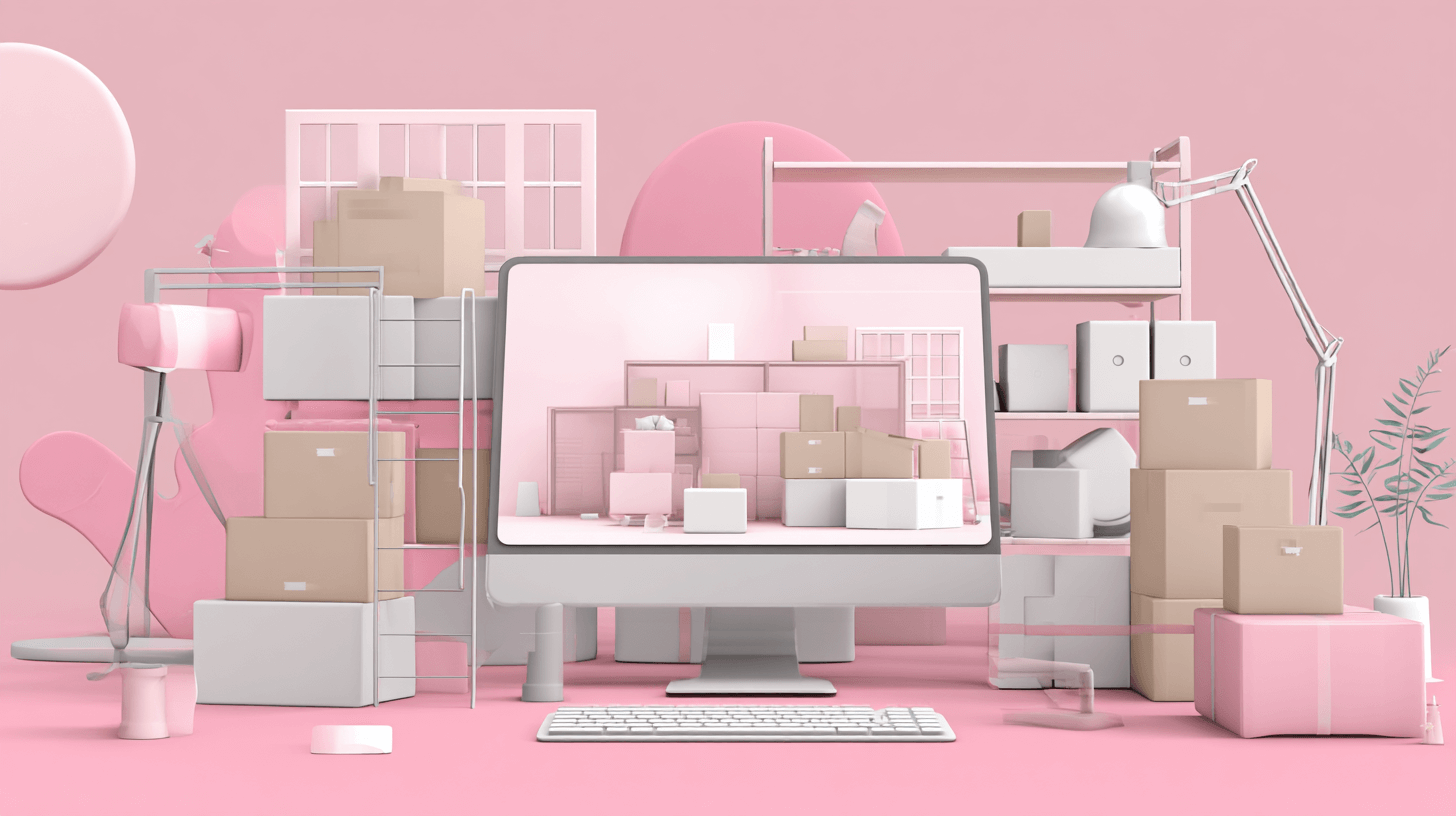 Inventory management software on a desktop monitor surrounded by shelves of boxes in a soft pink workspace