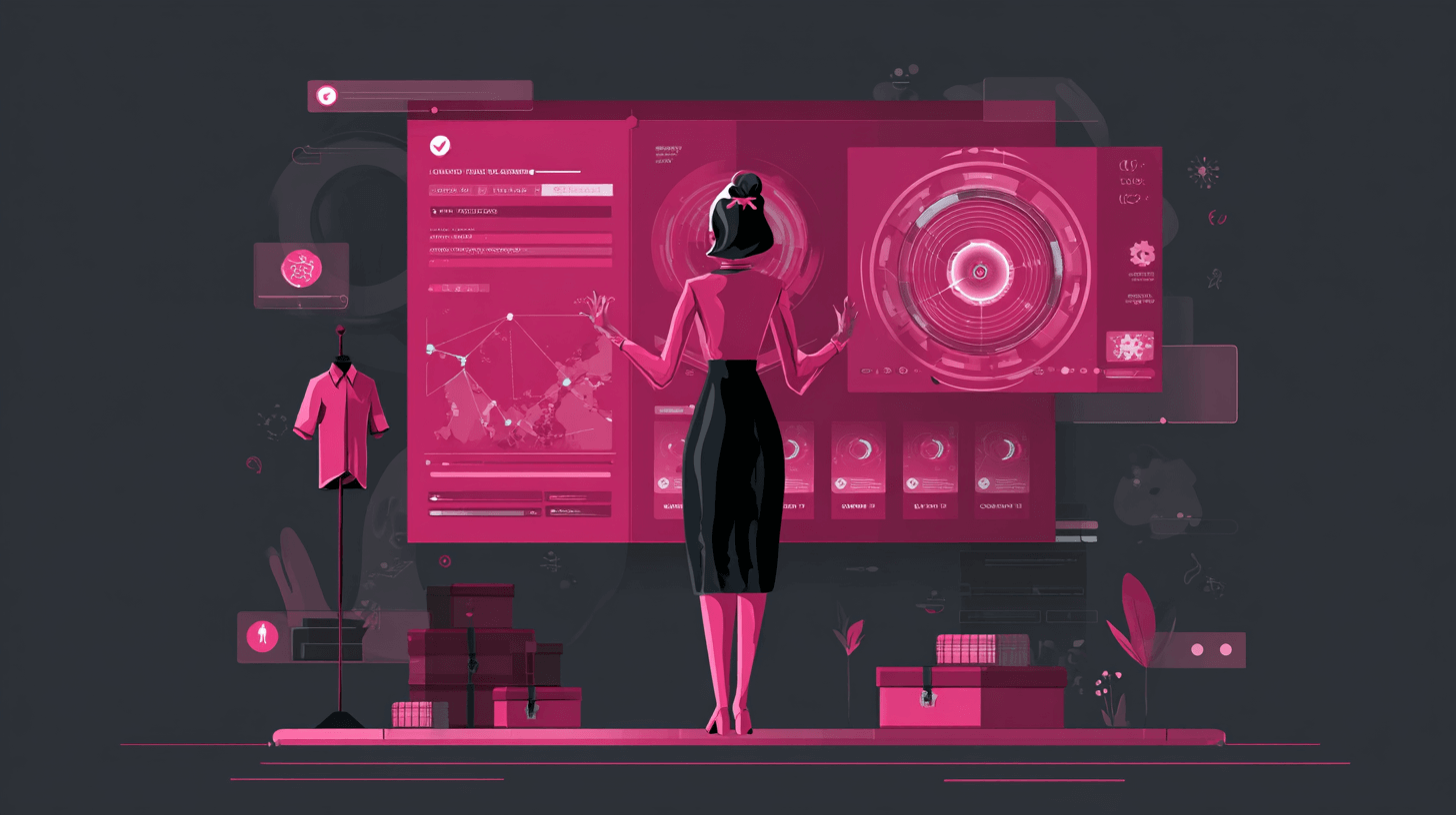 Dropshipping business dashboard: a woman reviews global orders, products and sales charts on a large pink screen